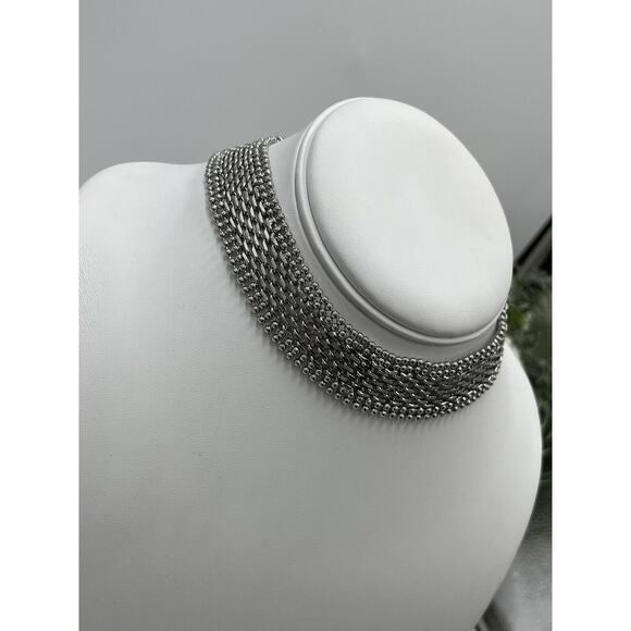 White House Black Market Silver Tone Mesh Woven Beaded ADJ Choker Necklace New - Picture 3 of 10